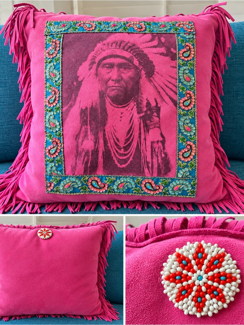 Artisan real suede Fuchsia Fringe Native Portrait Accent Pillow
